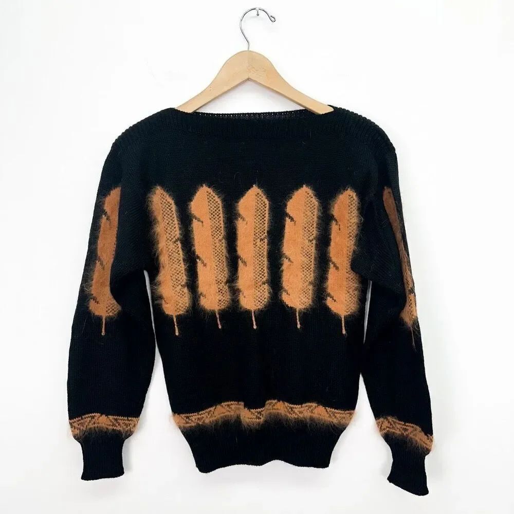 Jane Smith Aspen Women’s Black Tan Novelty Feather Printed Wool Sweater